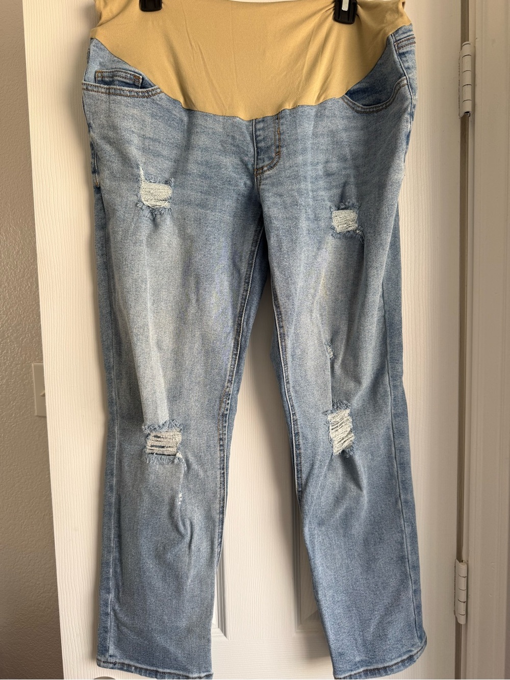 Light Wash Straight Leg Maternity Jeans with Beige Panel